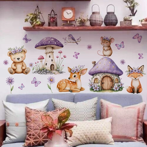Mushroom House Wall Stickers Forest Animals Purple Butterflies Watercolor PVC Self Adhesive Nursery Kids Room Decor