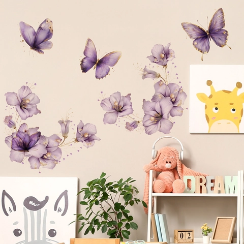 Sticker Mural Fleurs Papillons Violets PVC Autocollant Décalcomanie Aquarelle Décoration Maison Moderne Pour Chambre