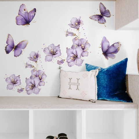 Sticker Mural Fleurs Papillons Violets PVC Autocollant Décalcomanie Aquarelle Décoration Maison Moderne Pour Chambre