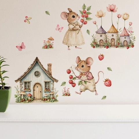 Aquarell Cartoon Maus Hütte Wandaufkleber Für Kinderzimmer Schlafzimmer Märchen Erdbeere Pilz Schmetterling Wandtattoo