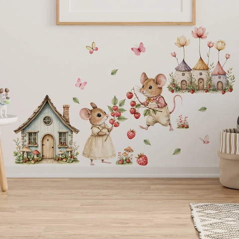 Aquarell Cartoon Maus Hütte Wandaufkleber Für Kinderzimmer Schlafzimmer Märchen Erdbeere Pilz Schmetterling Wandtattoo