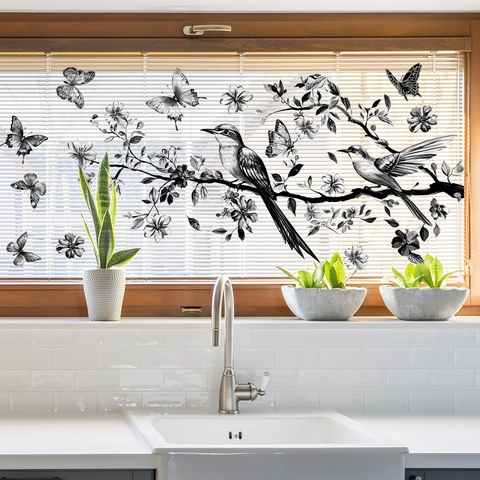 Elegante Schwarze Vögel Blumen Schmetterling Fensteraufkleber PVC Dekorative Wandaufkleber Für Wohnzimmer Badezimmer Haus Deko