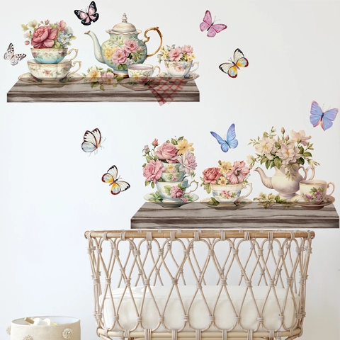 Floral Teapot And Teacups Wall Stickers Butterfly Pattern PVC Self Adhesive Vintage Pastoral Home Decor For Living Room