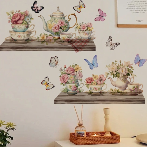 Floral Teapot And Teacups Wall Stickers Butterfly Pattern PVC Self Adhesive Vintage Pastoral Home Decor For Living Room