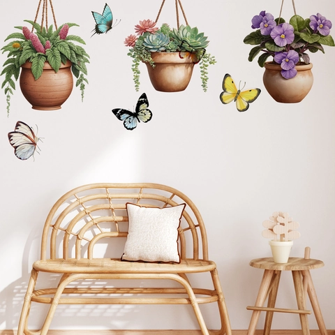 Stickers Muraux Plantes En Pot Et Papillons Colorés PVC Autocollant Décoration Pour Salon Chambre Style Aquarelle