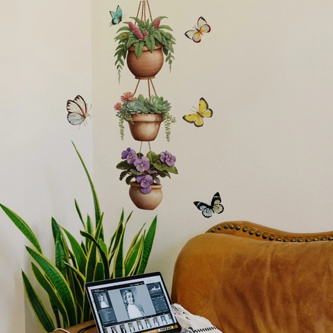 Stickers Muraux Plantes En Pot Et Papillons Colorés PVC Autocollant Décoration Pour Salon Chambre Style Aquarelle