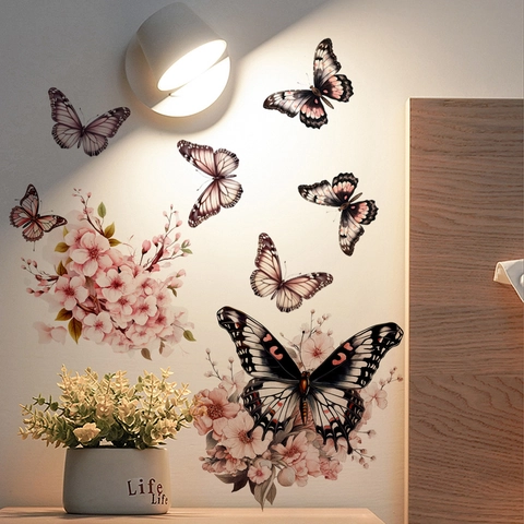 Adesivo Da Parete Grappoli Di Fiori Rosa Farfalla PVC Autoadesivo Decorazione Per Cameretta Dei Bambini Soggiorno Stile Moderno
