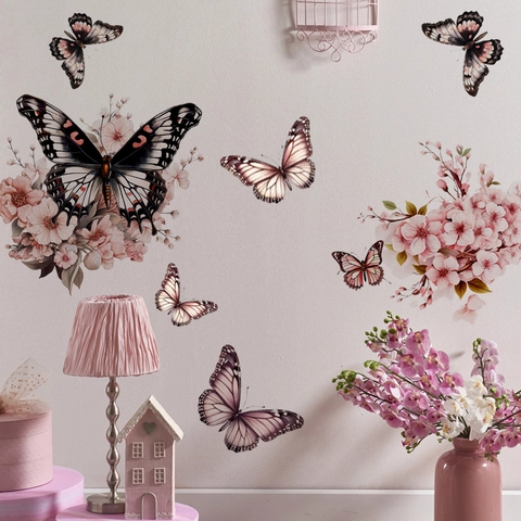 Adesivo Da Parete Grappoli Di Fiori Rosa Farfalla PVC Autoadesivo Decorazione Per Cameretta Dei Bambini Soggiorno Stile Moderno
