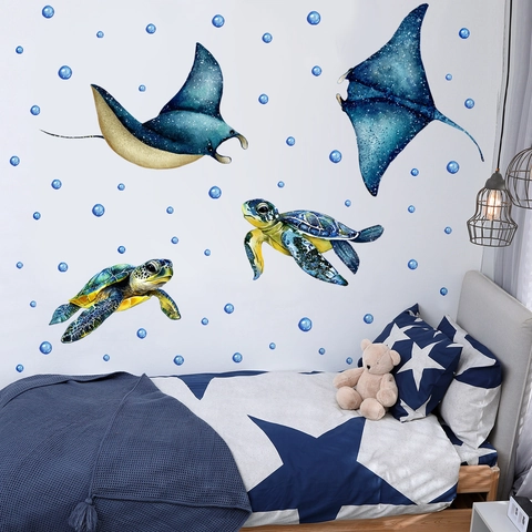 Stickers Muraux Tortue De Mer Raie Aquarelle Animaux Océan PVC Auto Adhésif Amovible Décoration Chambre Enfant