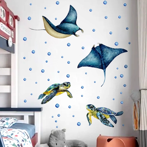 Stickers Muraux Tortue De Mer Raie Aquarelle Animaux Océan PVC Auto Adhésif Amovible Décoration Chambre Enfant