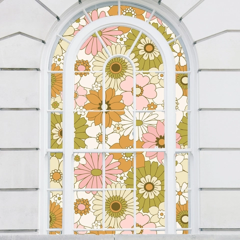 Retro Floral Window Film Static Cling Privacy Glass Sticker Decorative Non Adhesive PVC Flower Pattern Sunflowers Daisies