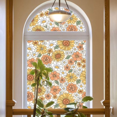 Retro Floral Window Film Static Cling Privacy Glass Sticker Decorative Non Adhesive PVC Flower Pattern Sunflowers Daisies
