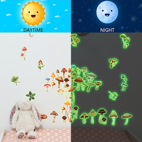 Autocollants Muraux Champignons Lumineux Dans Le Noir Aquarelle Forêt PVC Décalcomanies Pour Chambre Enfant Décor