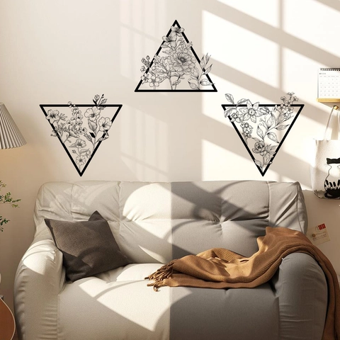 Geometric Triangle Wall Stickers Black White Floral Line Art Waterproof Removable PVC Decals For Living Room Bedroom