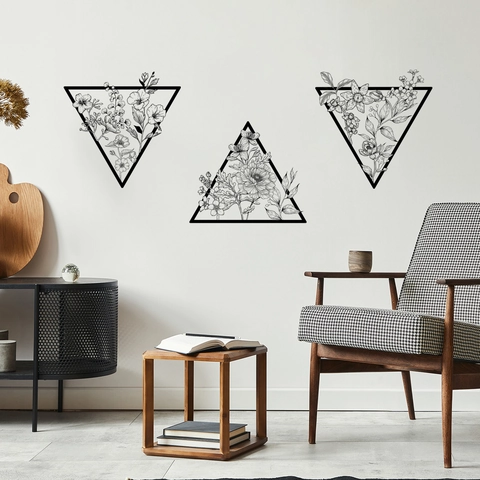 Geometric Triangle Wall Stickers Black White Floral Line Art Waterproof Removable PVC Decals For Living Room Bedroom