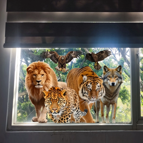 Wildlife Window Stickers Static Cling 3D Animal PVC Lion Tiger Leopard Removable Glass Decals Home Decor