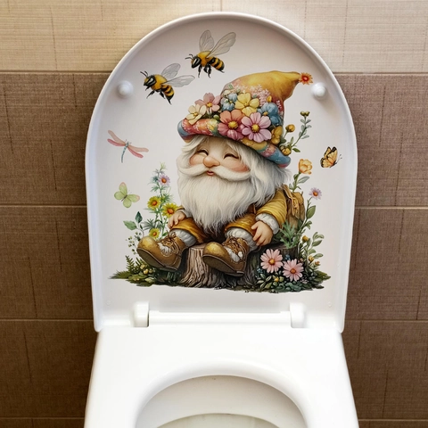 Autocollants Abattant WC Gnome Dessin Animé Imperméable PVC Amovible Fleur Papillon Abeille Décoration Murale Salle De Bain