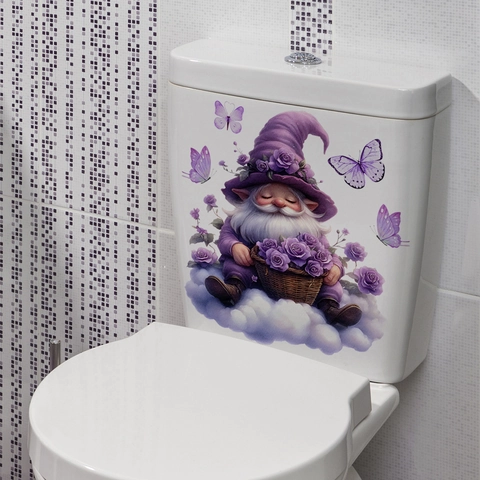 Autocollants Abattant WC Gnome Dessin Animé Imperméable PVC Amovible Fleur Papillon Abeille Décoration Murale Salle De Bain