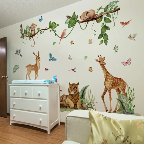 Watercolor Jungle Animals Wall Stickers Removable PVC Forest Giraffe Tiger Monkey Decals For Kids Nursery Room Decor