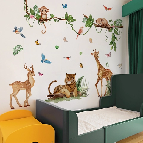 Watercolor Jungle Animals Wall Stickers Removable PVC Forest Giraffe Tiger Monkey Decals For Kids Nursery Room Decor