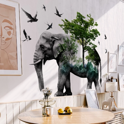 Pegatina de Pared Artística Silueta de Elefante y Bosque Impermeable Extraíble de PVC para Habitación Infantil y Salón