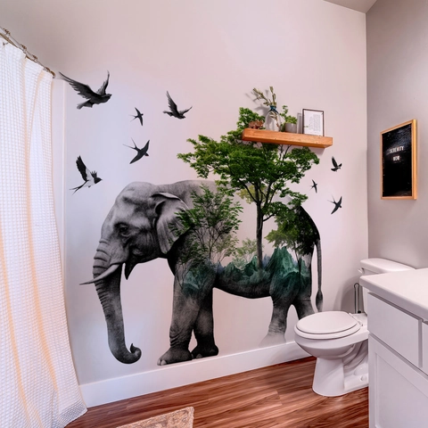Pegatina de Pared Artística Silueta de Elefante y Bosque Impermeable Extraíble de PVC para Habitación Infantil y Salón