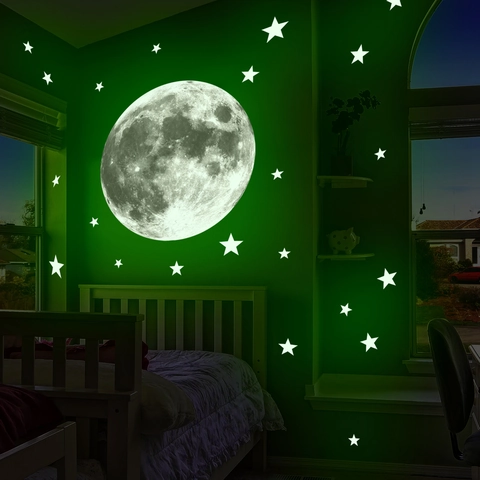 Stickers Muraux Lune Et Étoiles Lumineux Dans Le Noir En PVC Décalcomanies Lumineuses Pour Plafond Décoration Chambre D'enfant Salon Motif Lune Réaliste