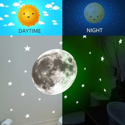 Stickers Muraux Lune Et Étoiles Lumineux Dans Le Noir En PVC Décalcomanies Lumineuses Pour Plafond Décoration Chambre D'enfant Salon Motif Lune Réaliste