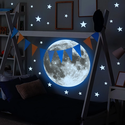 Luminous Moon And Stars Wall Stickers Glow In The Dark Ceiling Decals For Kids Room Bedroom Home Decor Removable PVC Wall Art