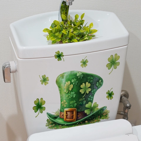 St. Patrick's Day Green Leprechaun Hat Shamrock Toilet Sticker Waterproof PVC Wall Decal For Bathroom Home Decoration