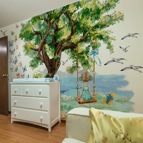 Watercolor Large Tree Girl On Swing Wall Stickers PVC Removable Self Adhesive Nursery Kids Room Bedroom Decor