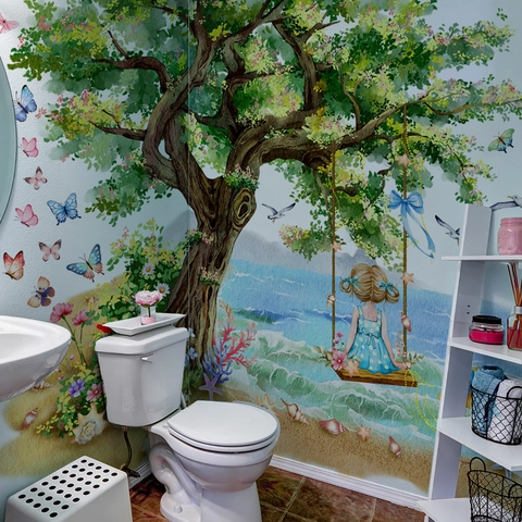 Watercolor Large Tree Girl On Swing Wall Stickers PVC Removable Self Adhesive Nursery Kids Room Bedroom Decor