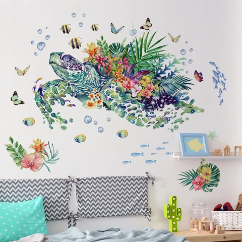 Autocollants Muraux Tortue Marine Aquarelle Fleurs Tropicales Plantes PVC Amovibles Auto-adhésifs Décoration Maison Pour Salon Chambre