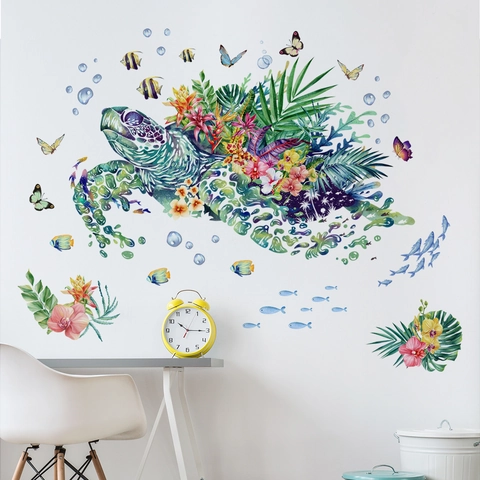 Autocollants Muraux Tortue Marine Aquarelle Fleurs Tropicales Plantes PVC Amovibles Auto-adhésifs Décoration Maison Pour Salon Chambre