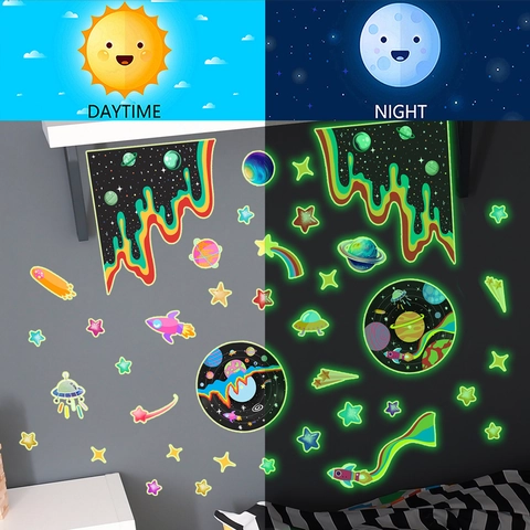 Glow In The Dark Space Planets Stars Wall Stickers Fluorescent Astronaut Rocket UFO Vinyl Record Decals For Kids Room Bedroom Home Decor