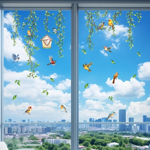 Window Stickers Static Cling Bird Vine Pattern PVC Double Sided Glass Decals Removable Waterproof Home Decor For Living Room