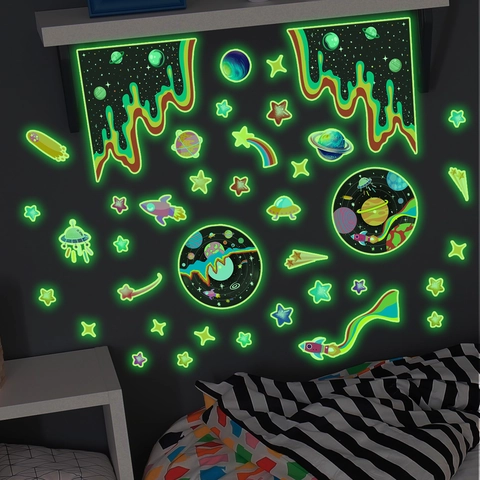 Glow In The Dark Space Planets Stars Wall Stickers Fluorescent Astronaut Rocket UFO Vinyl Record Decals For Kids Room Bedroom Home Decor