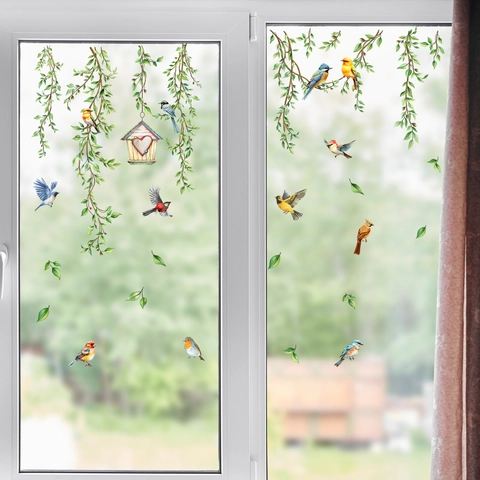 Window Stickers Static Cling Bird Vine Pattern PVC Double Sided Glass Decals Removable Waterproof Home Decor For Living Room