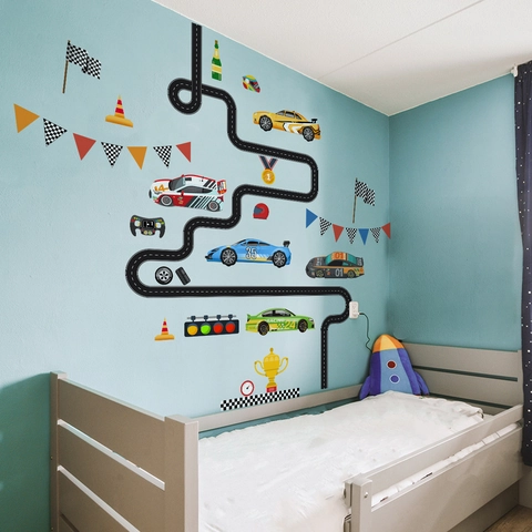 Creative Racing Car Road Track Wall Stickers For Kids Room PVC Waterproof DIY Cartoon Car Wall Decals Nursery Bedroom Home Decor