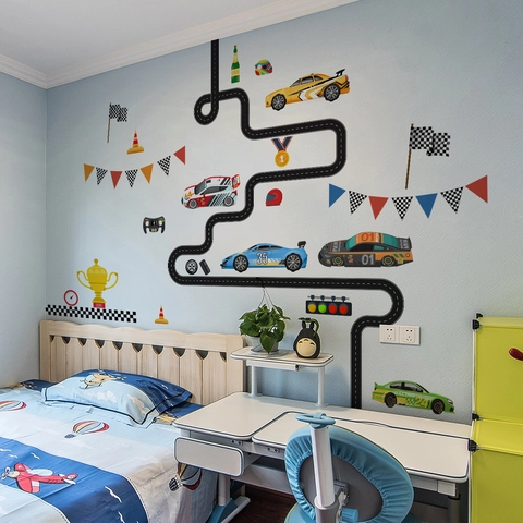Creative Racing Car Road Track Wall Stickers For Kids Room PVC Waterproof DIY Cartoon Car Wall Decals Nursery Bedroom Home Decor