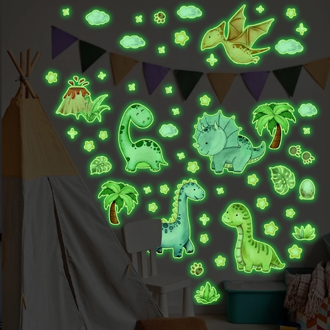Pegatinas de Pared de Dinosaurios Luminosos Para Decoración Habitación Niños Brilla En La Oscuridad PVC Estrellas Volcán Pegatinas