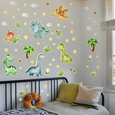 Pegatinas de Pared de Dinosaurios Luminosos Para Decoración Habitación Niños Brilla En La Oscuridad PVC Estrellas Volcán Pegatinas