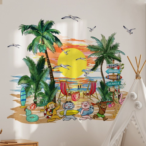 Cartoon Beach Sunset Animal Wall Sticker PVC Self Adhesive Palm Tree Monkey Elephant Decal For Kids Room Nursery Home Decor