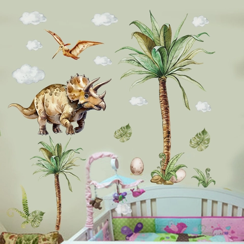 Watercolor Dinosaur Wall Stickers For Kids Room Bedroom Self-Adhesive PVC Decal Cartoon Brachiosaurus Triceratops Clouds Cactus Palm Tree Nursery Wall Art
