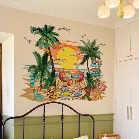 Cartoon Beach Sunset Animal Wall Sticker PVC Self Adhesive Palm Tree Monkey Elephant Decal For Kids Room Nursery Home Decor