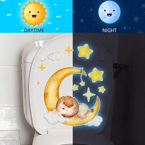 Pegatina De Pared Luminosa Dibujos Animados León Durmiendo Luna Estrellas Nubes PVC Autoadhesiva Decoración Guardería Baño