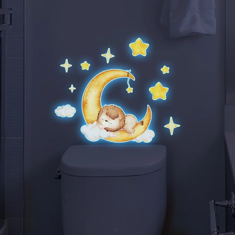 Pegatina De Pared Luminosa Dibujos Animados León Durmiendo Luna Estrellas Nubes PVC Autoadhesiva Decoración Guardería Baño