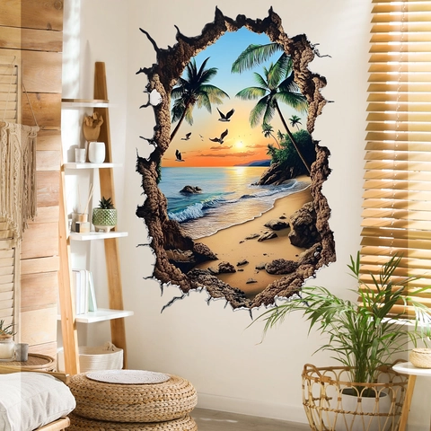 Adesivo Da Parete Effetto Muro Rotto 3D Spiaggia Tropicale Tramonto Isola PVC Impermeabile Autoadesivo Decorazione
