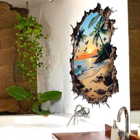 Adesivo Da Parete Effetto Muro Rotto 3D Spiaggia Tropicale Tramonto Isola PVC Impermeabile Autoadesivo Decorazione