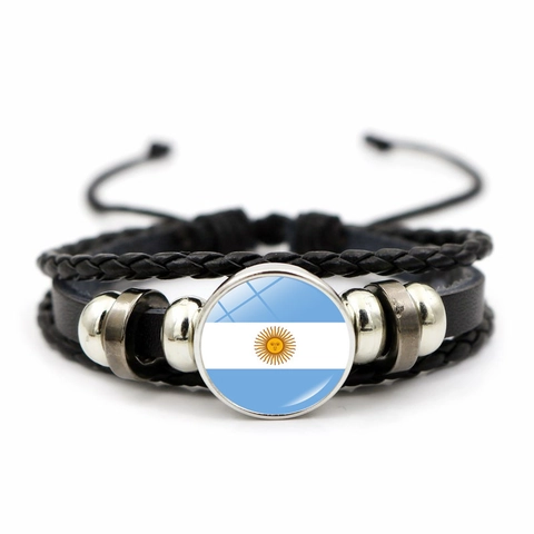 Bracelet En Cuir Tressé Multicouche Avec Dôme En Verre Motif Drapeau National Réglable Perle En Alliage Souvenir De Fan